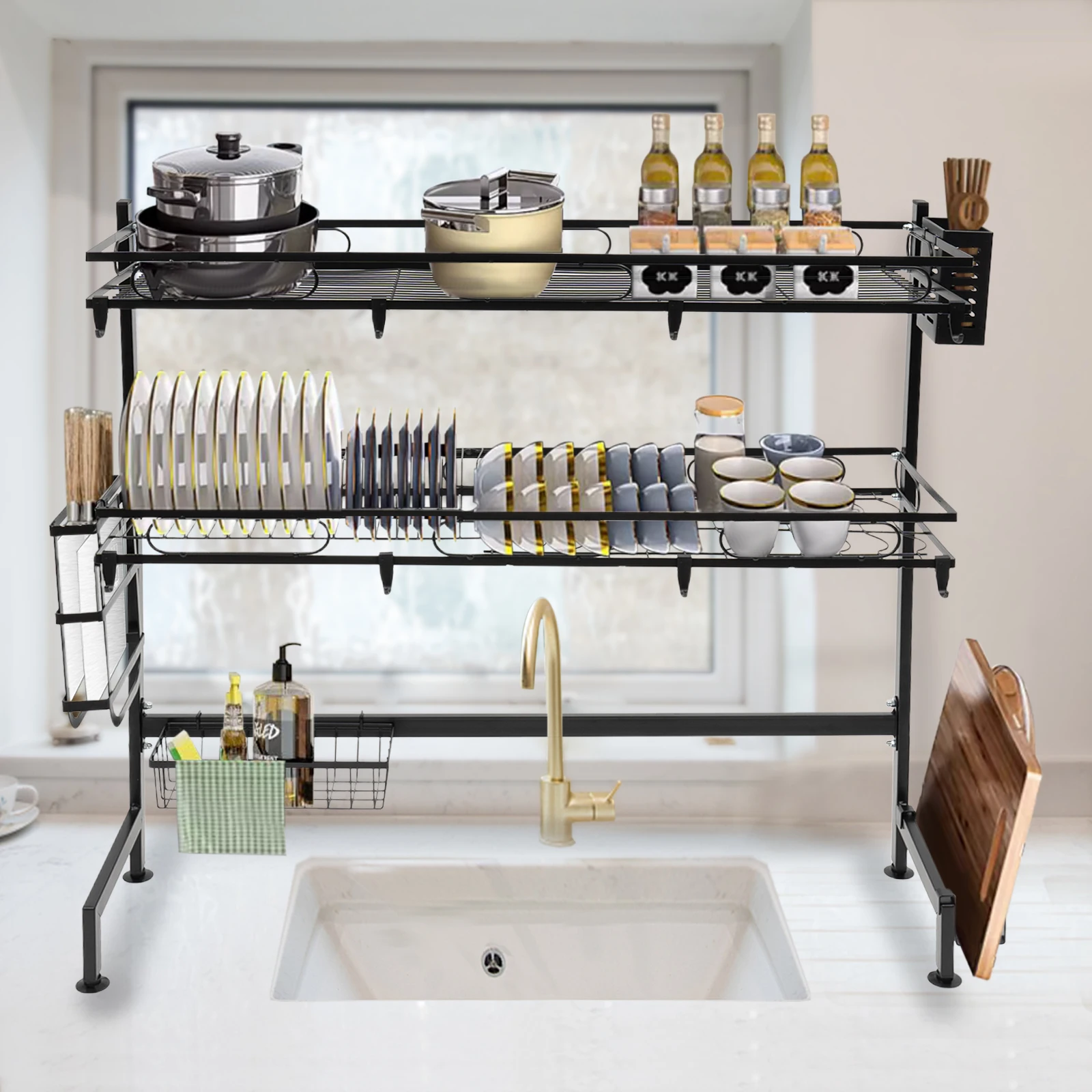 

2-Tier Over Sink Dish Drying Rack Cutlery Drainer Kitchen Shelf Cup Organizing Rectangular Black Carbon Steel for Storing Dishes