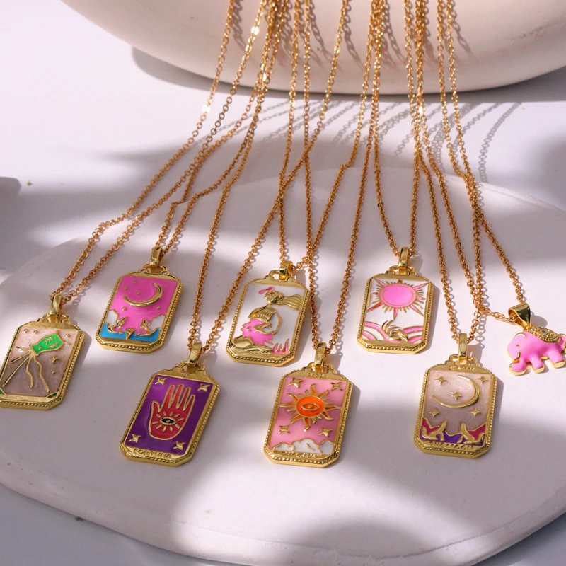 Pink Dripping Oil Punk Tarot Sun God Star Moon Hand Flame Elephant Girl Enamel Square Necklace for Women Gifts HangZhi2022 New