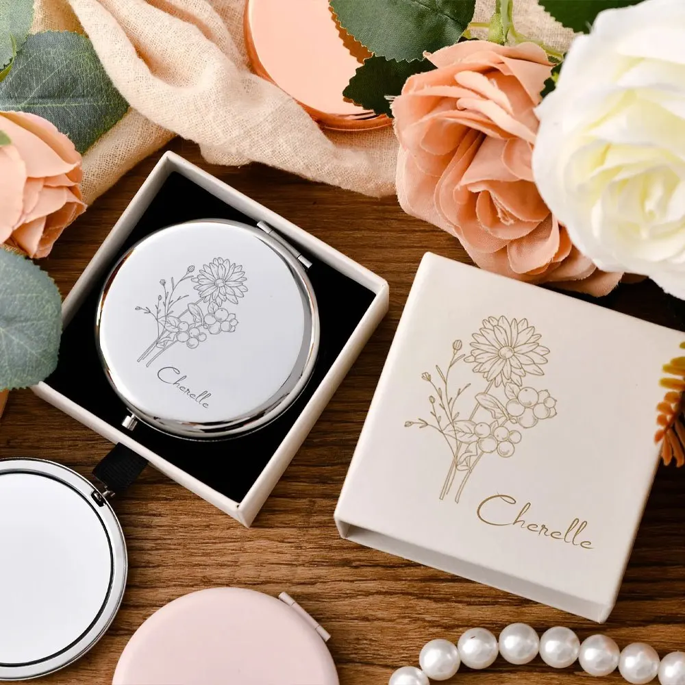 Birth Flower Compact Mirror Custom Name Engraved Floral Line Art Pocket Makeup Mirror Bridesmaid Birthday Gift For Women.