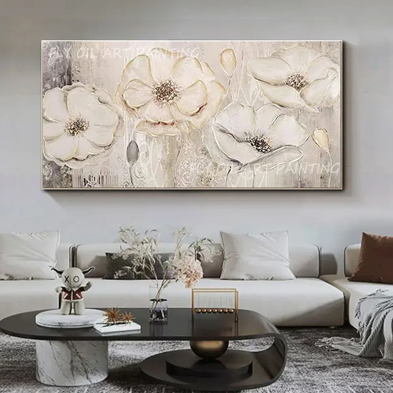 

White Flowers Landscape Canvas Wall Art Hand Painted Abstract Floral Oil Painting Modern Artwork Decor Unframed As Best Gift