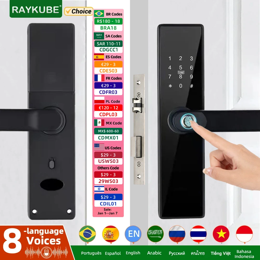 NEW RAYKUBE H4 Tuya Electronic Lock Wifi Smart Door Lock Fingerprint Lock Password IC Card Key USB Charge For Smart Home