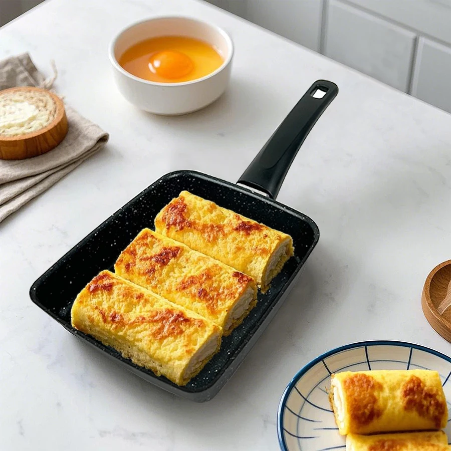 مقلاة تاماغوياكي - مقلاة بيض يابانية غير لاصقة، مقالي أومليت مستطيلة للإفطار، أواني طهي المطبخ الجرانيت، 7.6 × 5.9 بوصة، أسود #1
