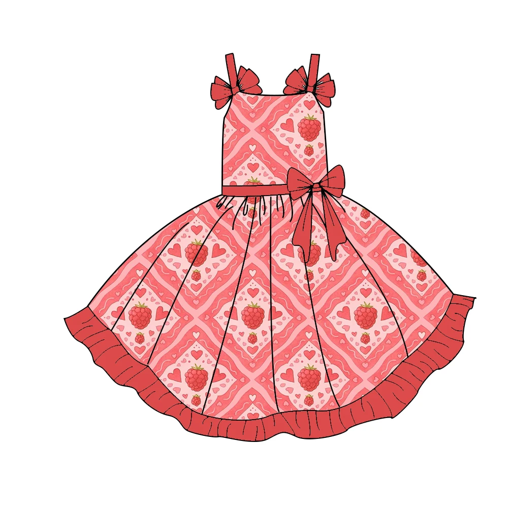 Boutique Girls dress Strappy Sundress featuring Ruffles Bow Accents and Bow and Strawberry Print Casual Everyday Wear Baby