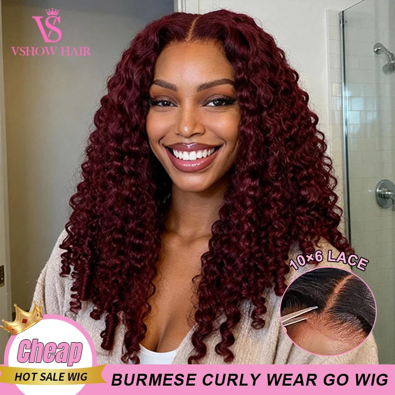 

VSHOW M-Cap Wear Go Бордовый 99J Цвет бирманский вьющийся парик 9x6 с кружевом, предварительно вырезанный, бесклеевой, плотно прилегающий, эластичный, на шнурке, парик Go