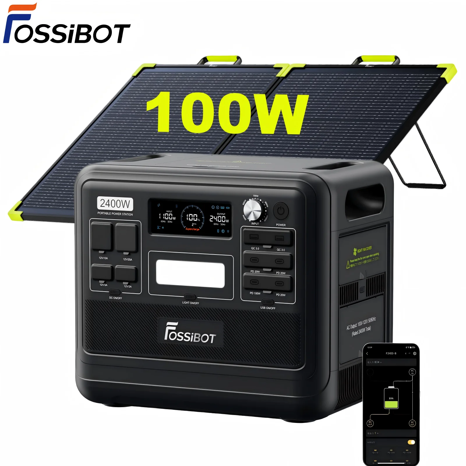 Generatore solare portatile Fossibot F2400 + pannello solare da 100 W. | Stazione di alimentazione Lifepo4 da 2048Wh | 2400W nominali (4800W di picco) 3 prese AC | 1100W Ricarica Rapida,