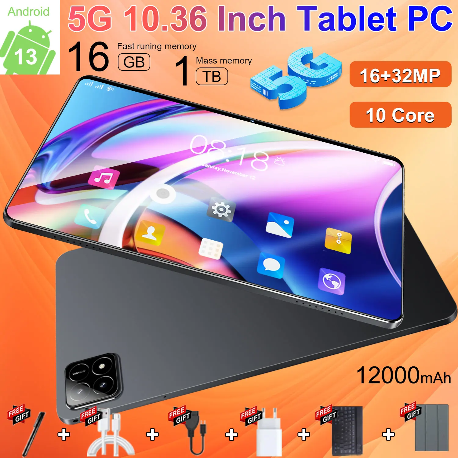 Tableta con pantalla 4K HD de 10,36 pulgadas, batería de 12000 mAh, 16 GB + 1 TB, Android, procesador de 10 núcleos, doble SIM, cámara de