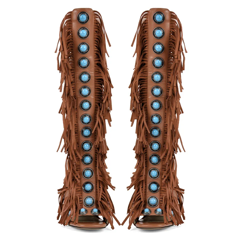 Onlymaker Women Tassels Studded Jewel Sandals Open Toe Back Zipper Thin Heels Fashion Luxury Fringe Stilettos Boots Sandals