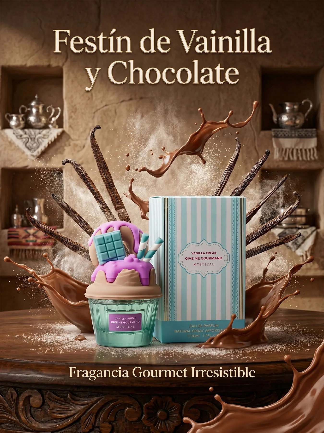 Perfume Vanilla Freak Mystical 30ml Aroma Gourmet Vainilla y Chocolate Fragancia de Cupcake Dulce Duradera Eau de Parfum para Mujer Edición Especial Give Me Gourmand Ideal para Clima Frío y Regalo San Valentín.
