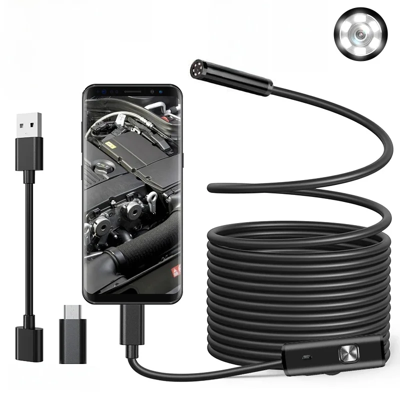 Type-c Android USB Endoscope Camera 7.0mm Hard Cable PC Android Phone Inspection Endoscope 3 IN1IP67 Waterproof 6LEDs Adjustable