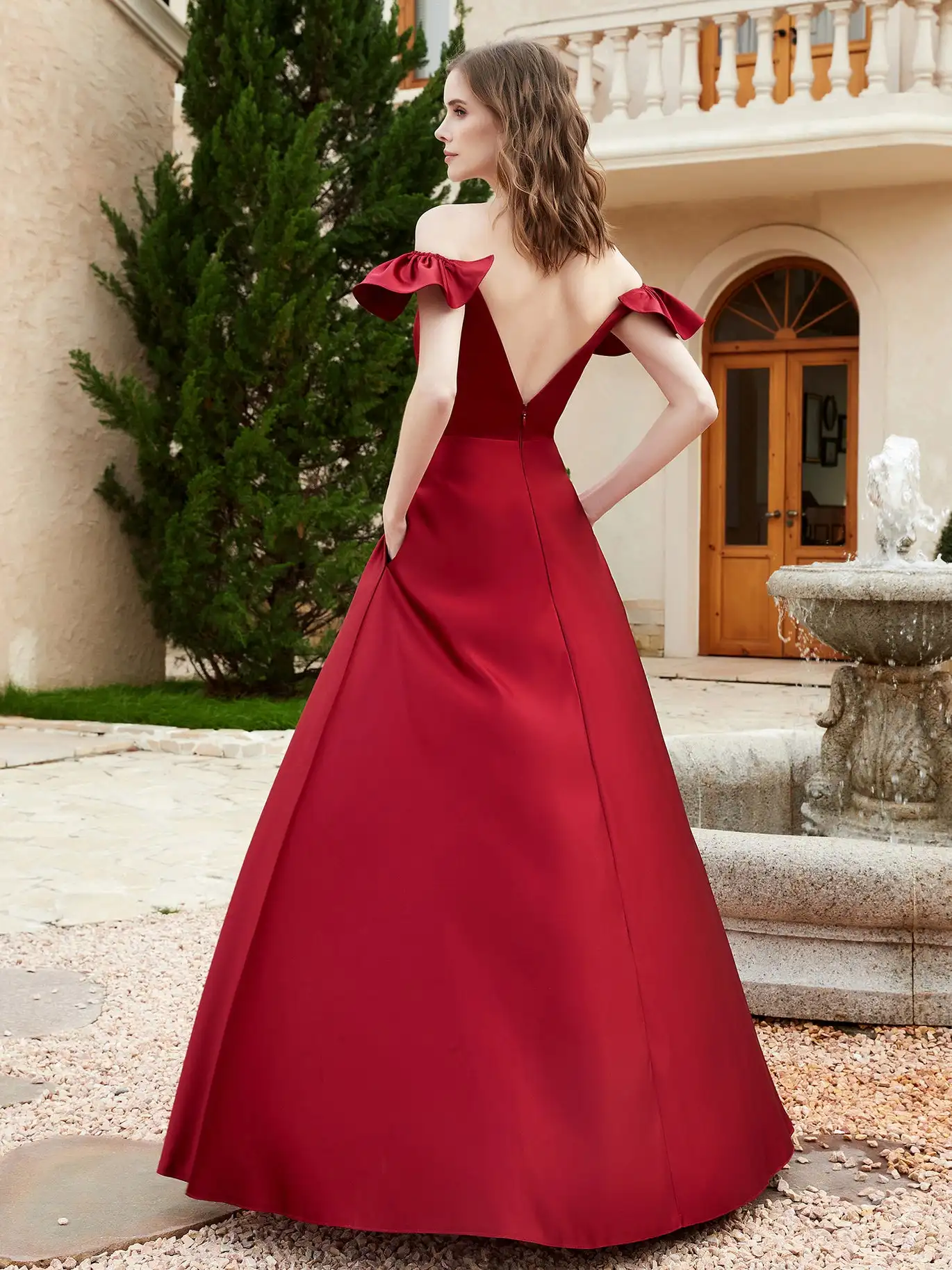 Simple Off The Shoulder Satin Bridesmaid Dress With Pocket Burgundy Wedding Cocktail Dresses With Slit Pleated Evening Gowns