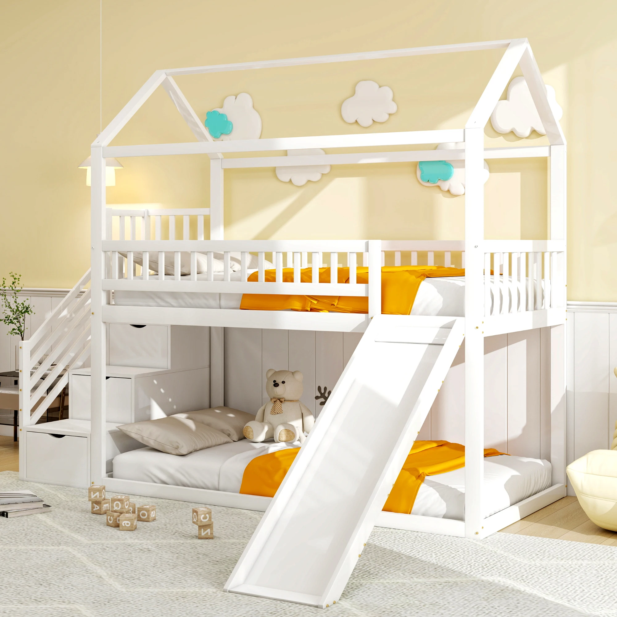 Afbeelding 4: Kinderstapelbed 90*200 cm hoog bed met glijbaan en opbergladder hoge omheining constructie massief houten bedframe met lattenbodem