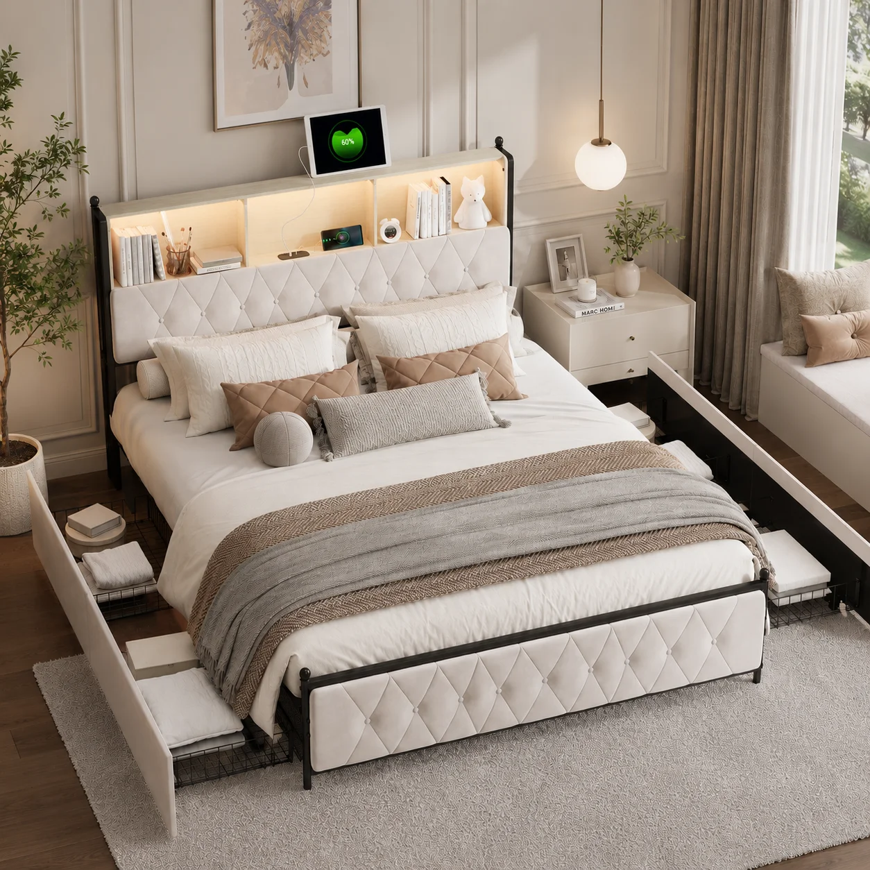Doppelbett 140x200 cm mit Stauraum-Schubladen, Bettkasten mit Lattenrost und Kopfteil, für Erwachsene und Jugendliche, Samt, Beige