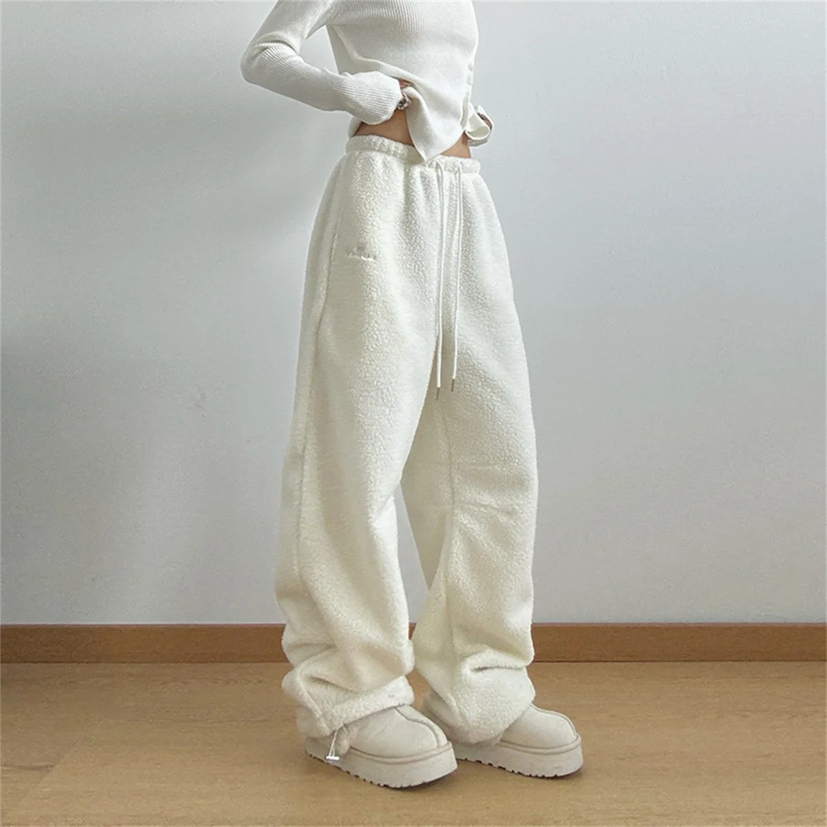 فضفاض الدفء القطبية الصوف السراويل عارضة الشتاء سميكة كل مباراة السراويل الرياضية Y2K الشارع الشهير واسعة الساق Sweatpants الكورية الشارع الشهير