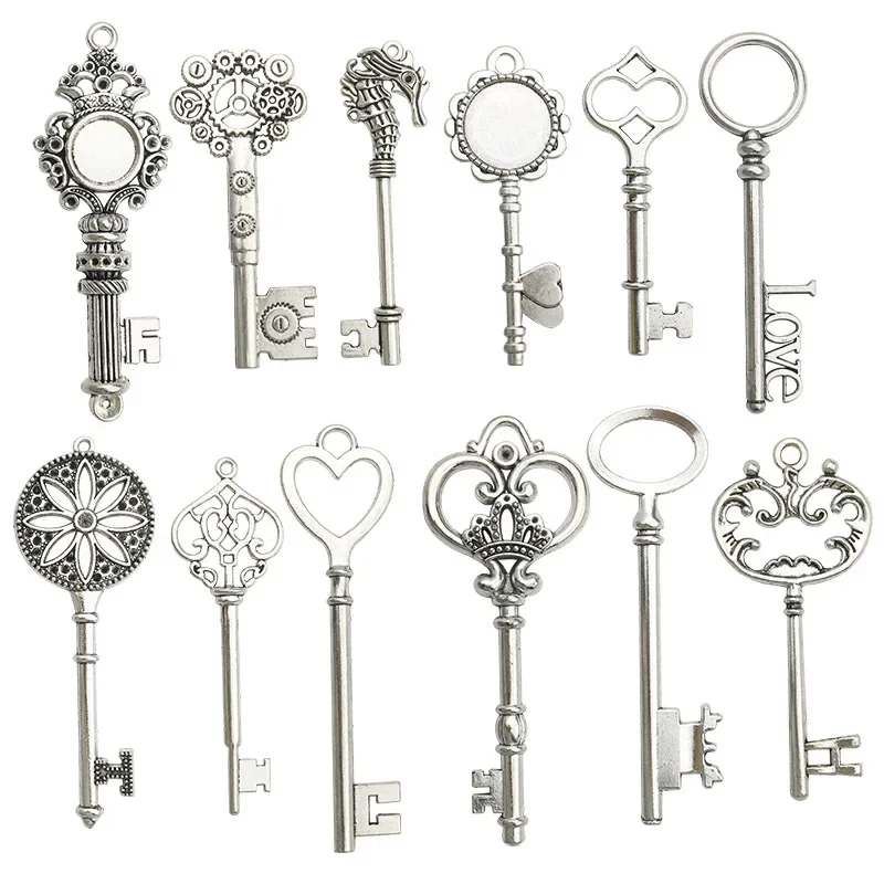 2szt Vintage Large Crown Love Heart Key Pendants Charm For Jewelry Making Antique Silver Plated Big Key Charm Pendant Key Retro — zdjęcie 2