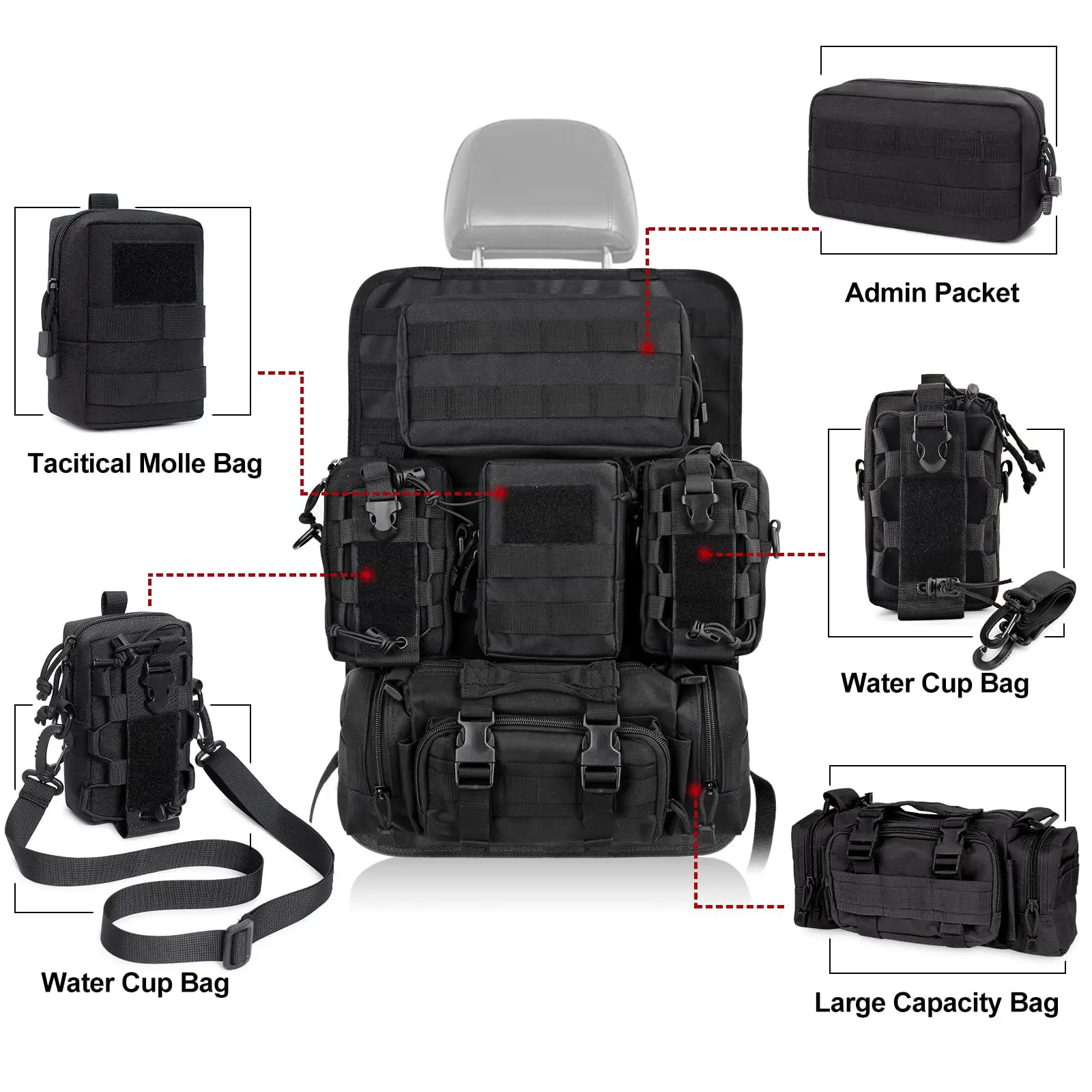 Tactical Vehicle Seat Back Storage Bag with Water Cup Pouch Molle Multi-Pocket Management Panel Hanging Packet for All Vehicles