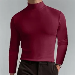 Spring Autumn Men's High Neck Long Sleeve T-shirt Fashion Daily Solid Color Base Shirts Slim Fit Elastic Breathable Thin Tops