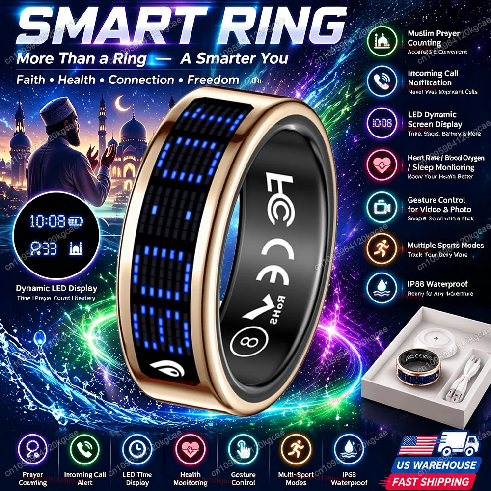 Smart Ring with LED Display See Time/Steps/Heart Rate, Vibration Reminder for Calls & Messages, Wireless Charging Dock, Fitness Tracker Rings Men Women US Stock Fast Shipping