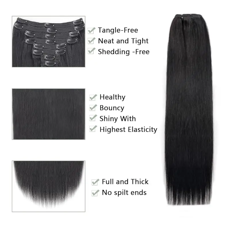 Yaki Straight Clip in 100% Human Hair Extensions Double Weft Straight Clip in Hair Extensions Human Hair For Women 12-26inches