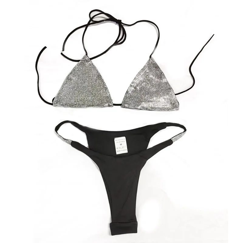 Clearance Black Sliver Diamante Bikini Two Piece Set Women Glitter Swimwear For Beach Party Wear Triangle Bra String Swimsuit