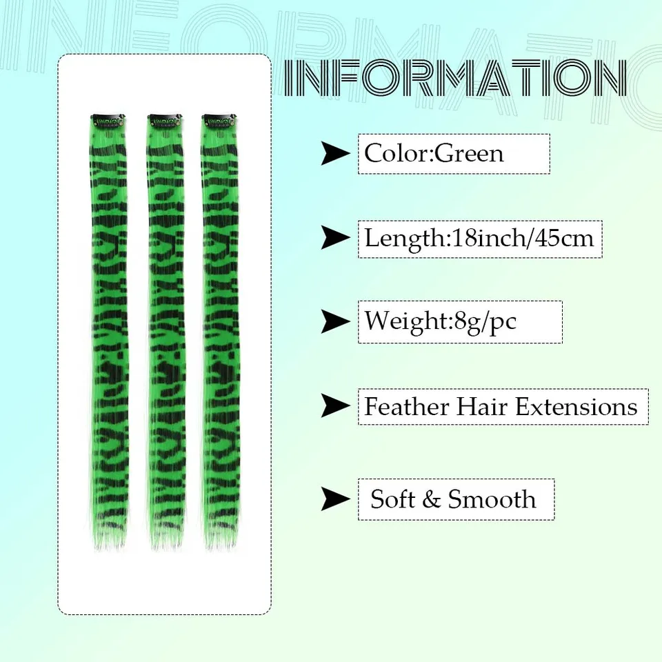 Set de 3 extensiones de cabello sintético con rayas de colores, largas y rectas, con clip, para uso diario, fiestas y Halloween 2