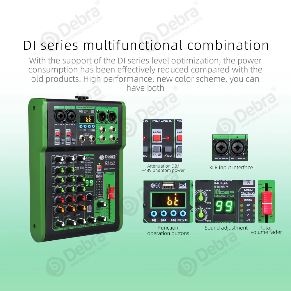 Debra Mixer Audio per Console DJ a 4 canali con riverbero digitale 99DSP Bluetooth 5.0 professionale per la registrazione di PC da palco Karaoke