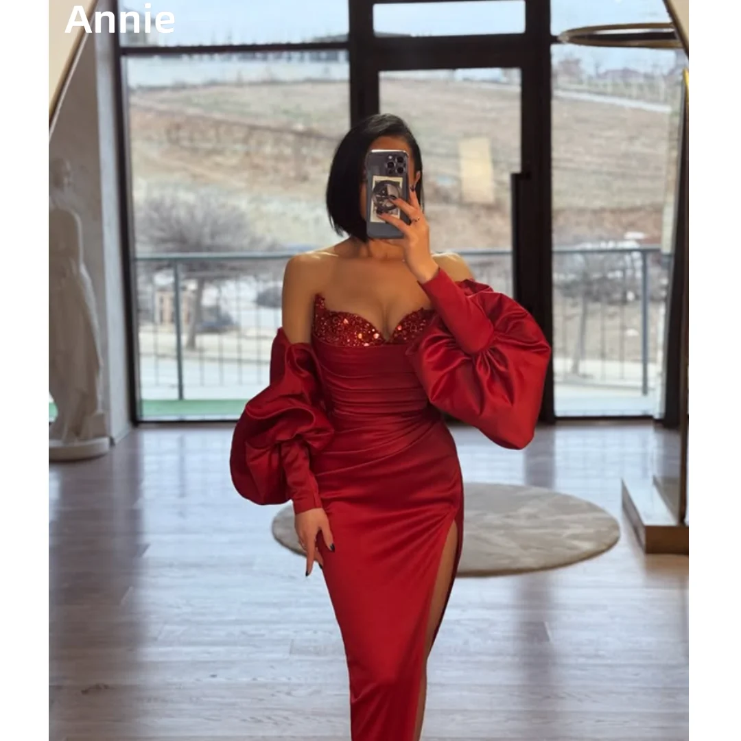 

Annie Sequined Puff Long Sleeves Prom Dresses Slim-fitting Crinkled Satin Evening Dresses Elegant Lady Party Dresses فساتين سهرة