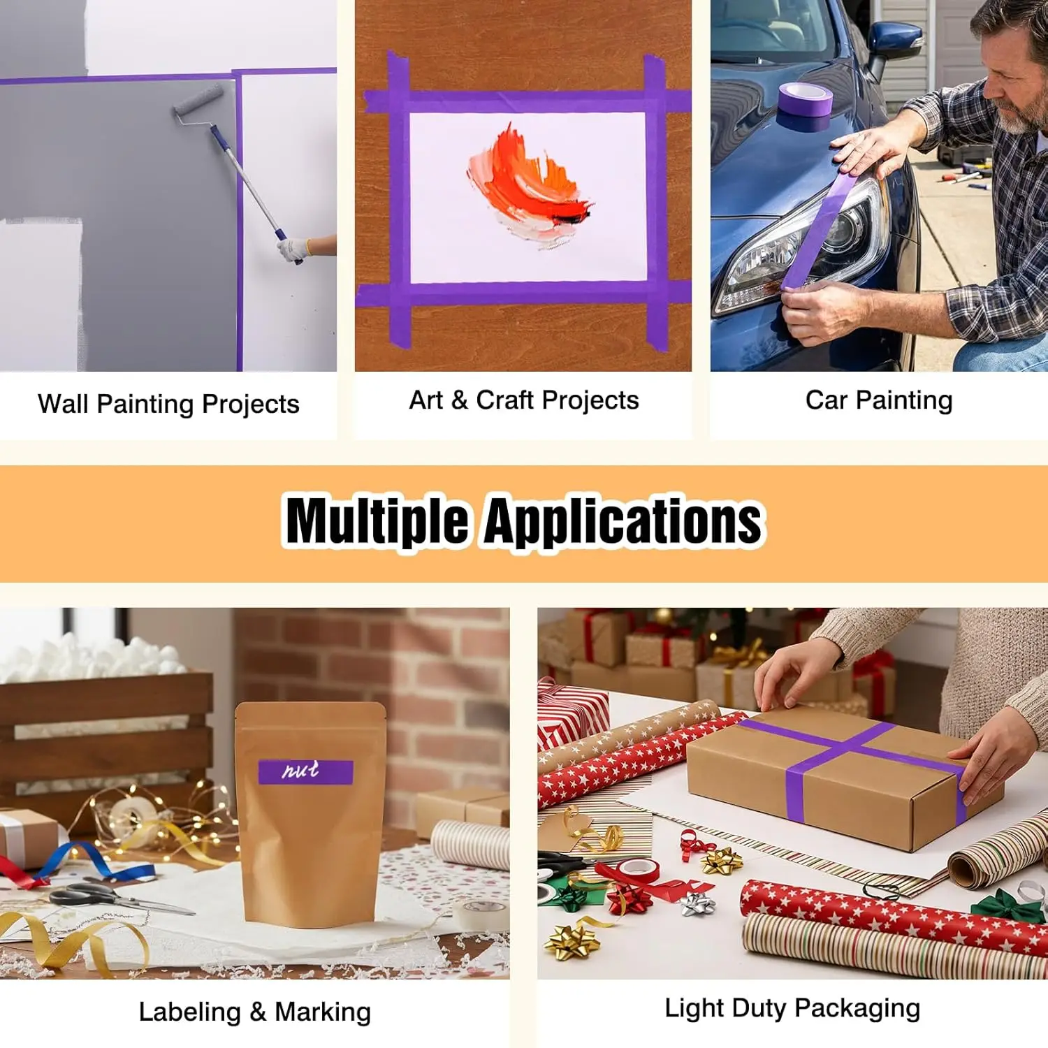 2 Rolls Masking Tapes Purple Hand Tear Adhesive Paper for Car Beauty Spray Wall Painting Easy Removal Paint Tape view 5