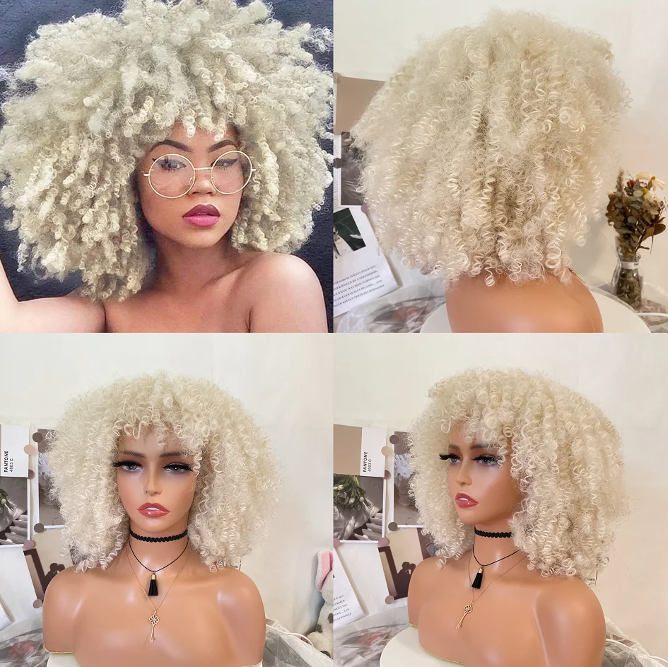 WIGERA Synthetic Curly Wigs For Black Women   Platinum  Afro Curly Wig With Bangs Short Kinky Curly Wigglueless