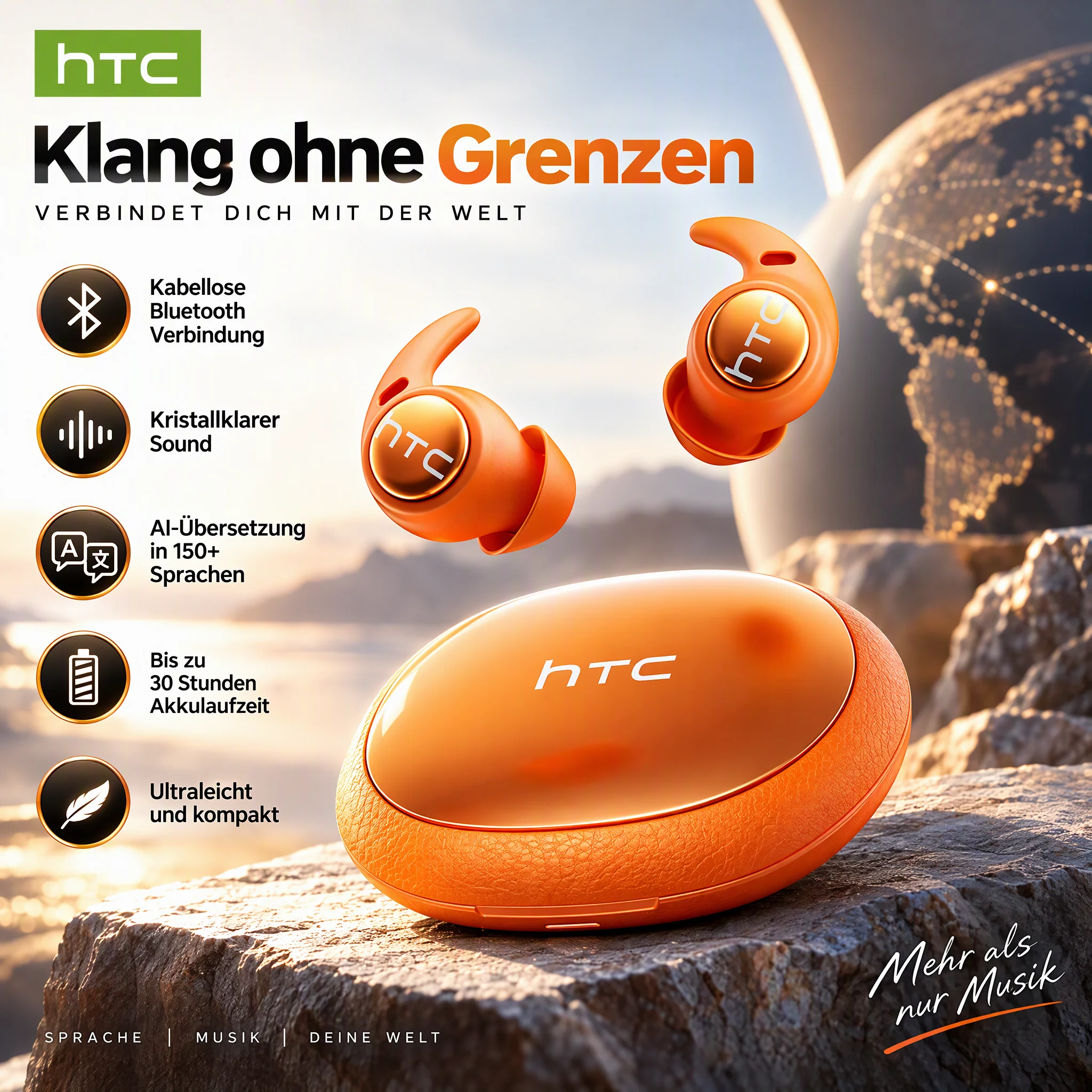 Écouteurs intra-auriculaires sans fil HTC NE76, Bluetooth 5.3, avec fonction de traduction IA, contrôle tactile pour plus de 150 langues, autonomie de 24 heures, confort optimal, son stéréo haute fidélité et microphone intégré pour les appels, livraison rapide en extérieur.