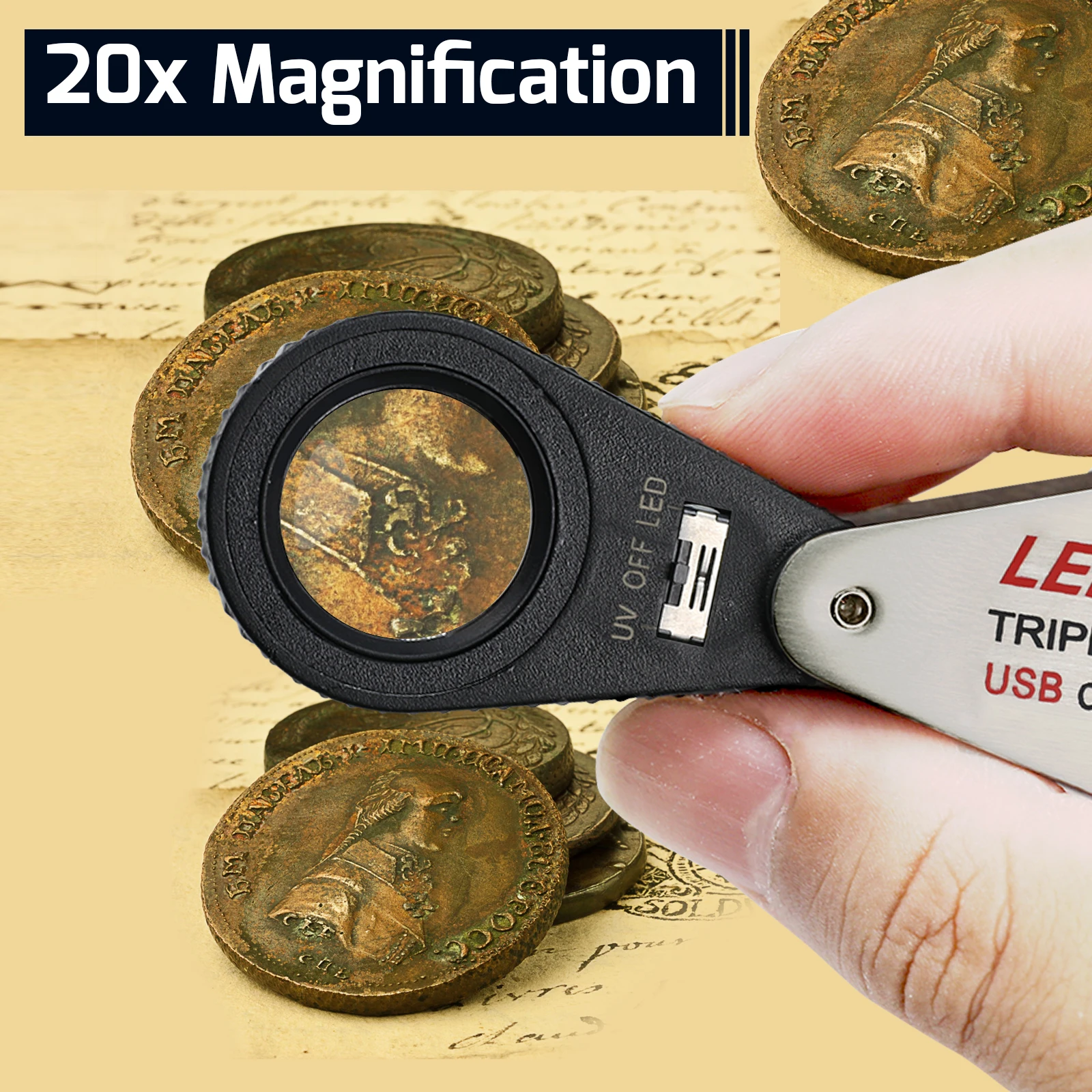 Rechargeable 20X Jeweler Magnifier Loupe with 6 LED and UV Light, Top Quality Gem Tool for Collectors, Gemologists, Watch Repair