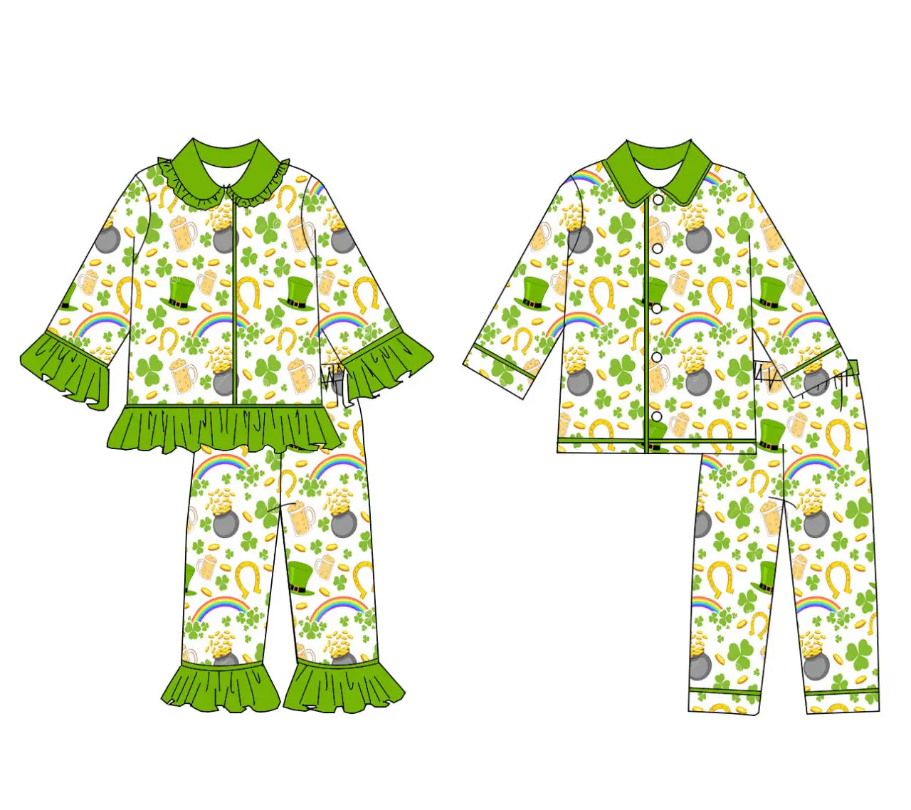 Neue St. Patrick's Day Pyjama-Sets im Großhandel: Kleeblatt-Motive für Jungen und Mädchen, Kinder-Schlafanzüge aus Milchseide, 2-teiliges Set