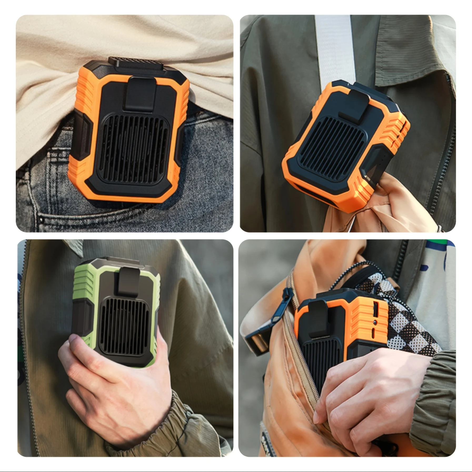 مروحة معلقة على الخصر، مروحة متعددة الوظائف ثلاثة في واحد قابلة لإعادة الشحن عبر USB، مع نفخ وإضاءة وإمدادات طاقة وتبريد سريع صامت