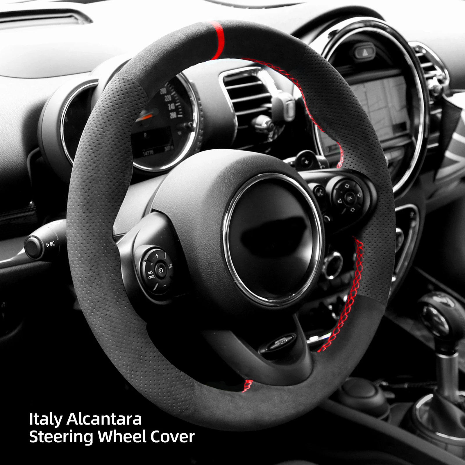 Alfanxi Hand Stitch Alcantara Steering Wheel Cover Compatible with Mini JCW/Clubman JCW/Convertible JCW/Countryman JCW 2014-2023