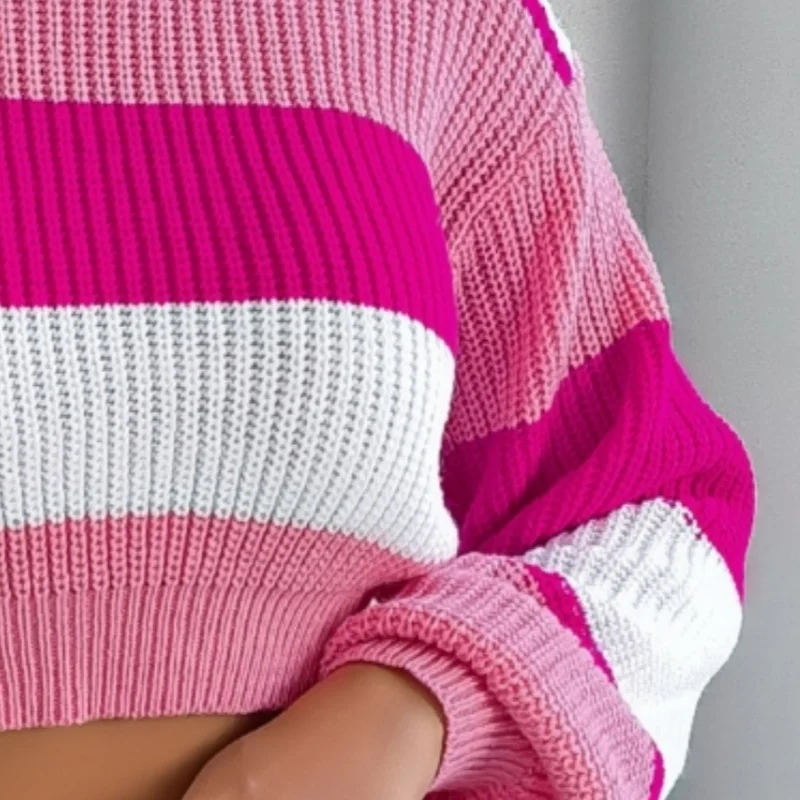 

Casual Striped Short Sweater Women Sexy Color Blocked Crop Top Sweater 2025 Autumn Winter O-neck Knitted Pullovers Daily Outfits