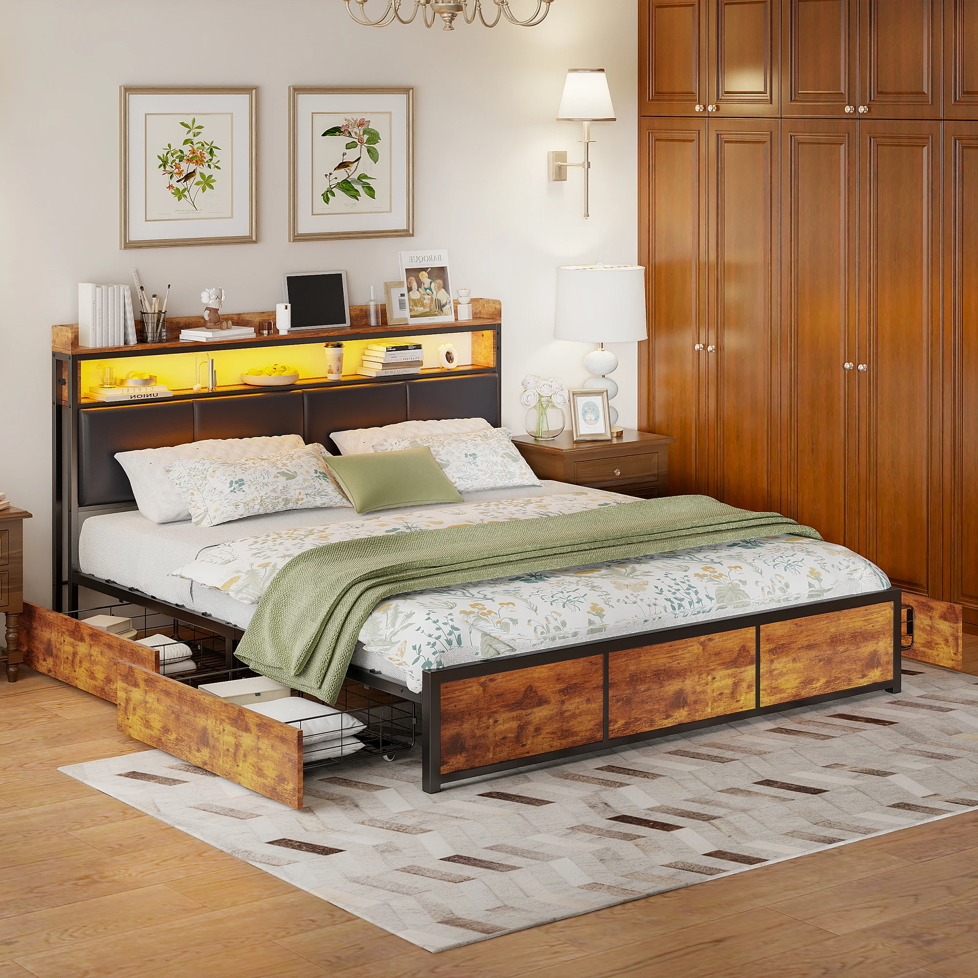Polsterbett 180 x 200 cm, Stauraumbett Doppelbett mit 4 Schubladen und Staufach, Bettgestell mit Lattenrost, Metallrahmen, PU Kunstleder Schwarz, Funktionsbett Jugendbett, Ehebett, Gästebett,