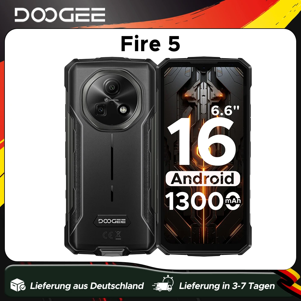 DOOGEE Fire 5 Robustes Smartphone 13000mAh Großer Akku 6,6'' HD+ Display 12GB RAM (3GB+GB) 64GB ROM Android 15 NFC Smartphone
