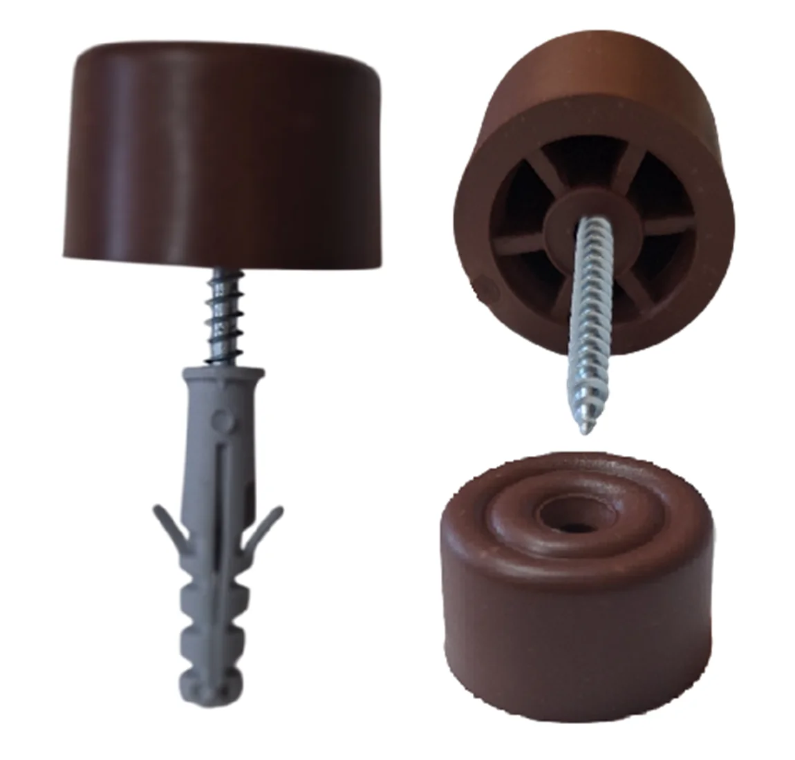 6x Ronde deurstoppers die aan de vloer geschroefd kunnen worden. Gebruik binnen en buiten. 30 x 20 mm. Inclusief pluggen en schroeven. Duurzaam PVC-materiaal. Gemaakt in Spanje.