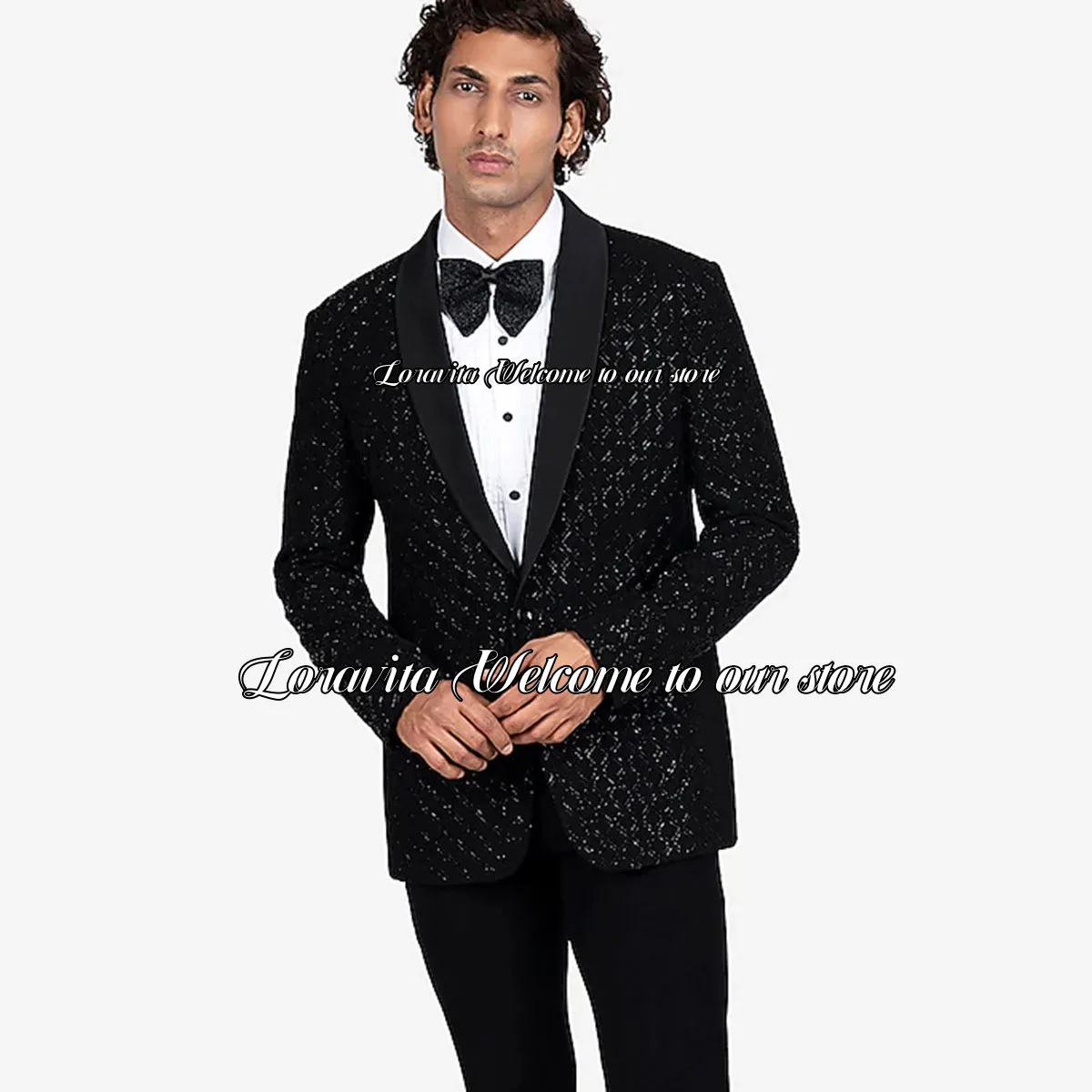 Luxurious Shiny Black Suit for Men Slim Fit Male Prom Blazers 2 Pieces Set Shawl Lapel Groom Tuxedos trajes de hombre elegante