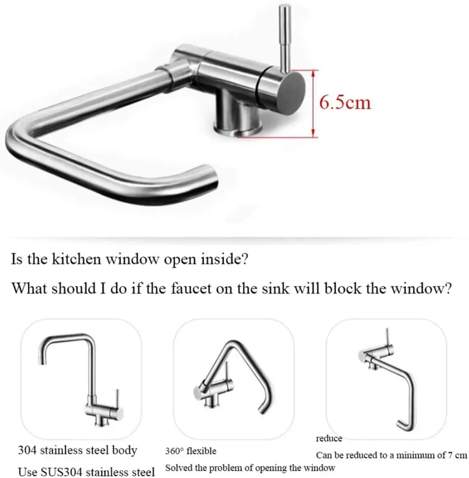 Grifo de cocina plegable para instalación bajo ventana, 360 ° Grifo giratorio de acero inoxidable en SUS304 con acabado cepillado, mezclador monomando para agua fría y caliente
