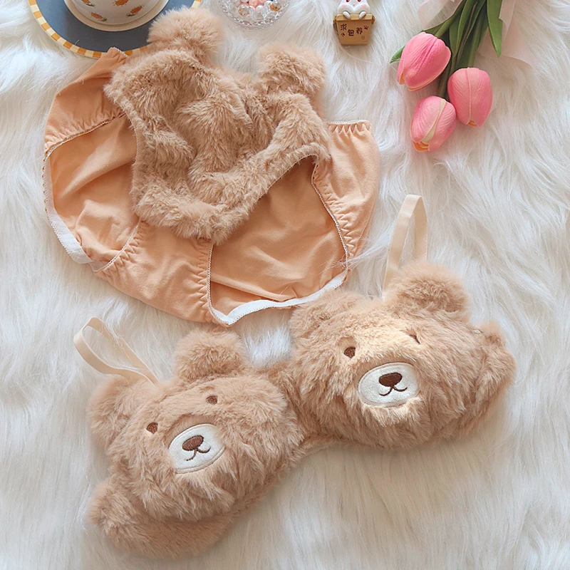 Autumn and winter cartoon plush underwear female bear comfortable and cute lingerie panty suit Japanese girl bra set