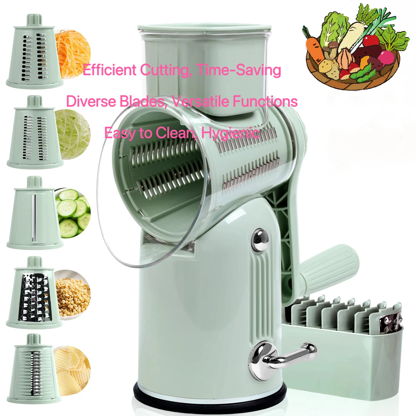 

Rotary Cheese Grater with Handle, Vegetable Shredder with 5 Replaceable Blades & Strong Suction Base, Round Food Slicer & Choppe