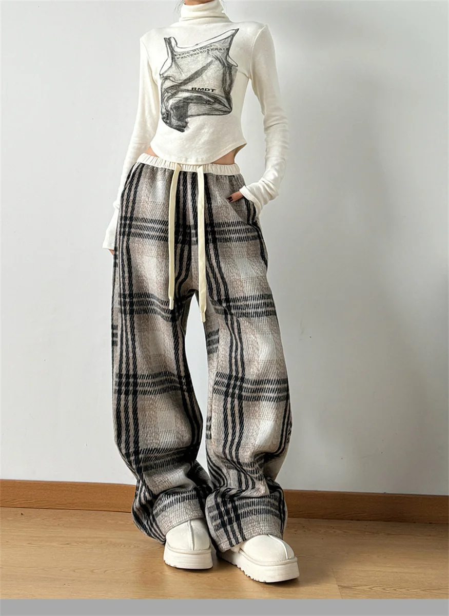 Fashion Warm Plush Pants Cashmere Thick Plaid Ladies Winter Casual Loose Wide-legged Pants Korean Streetwear Students Lazy Pants