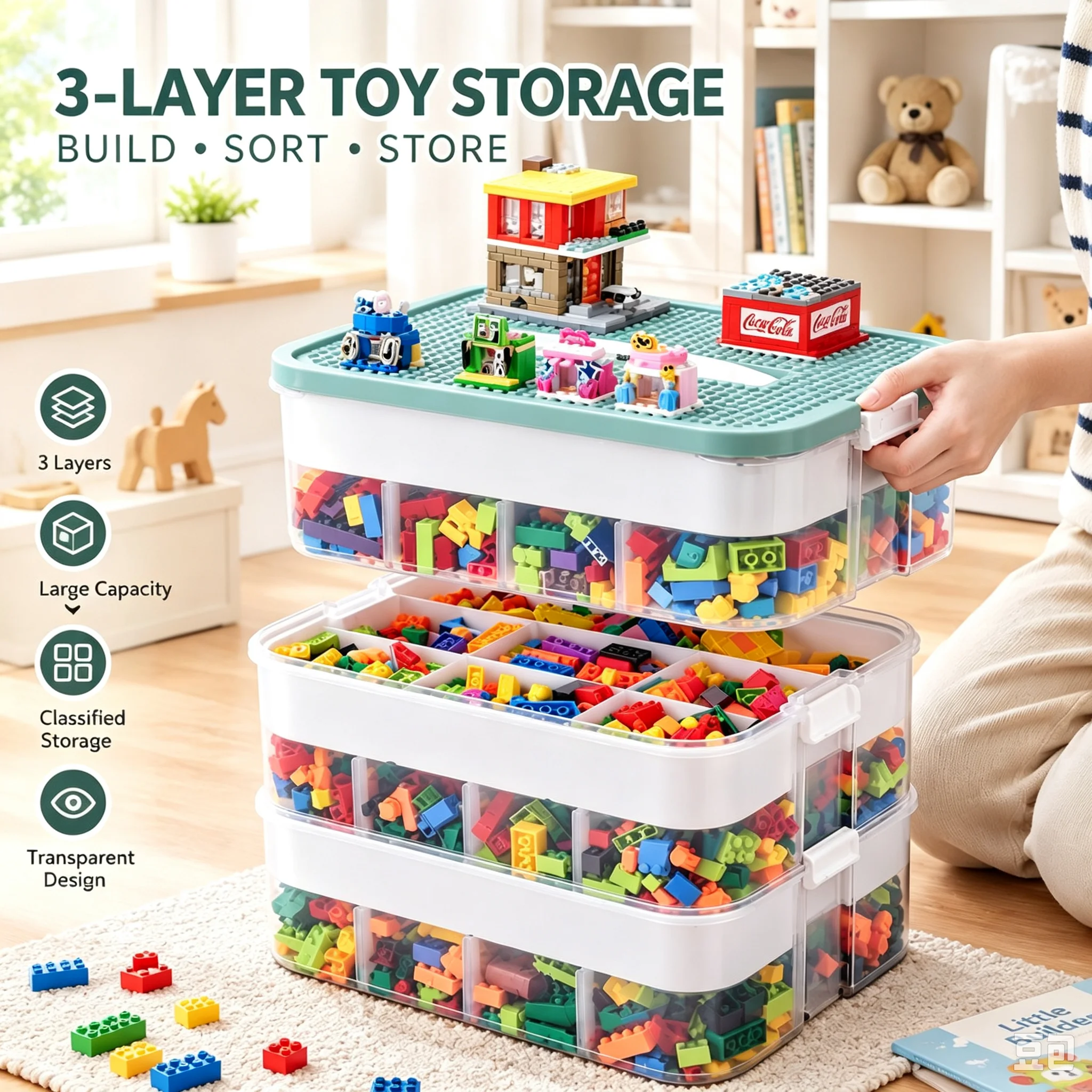 Scatola portaoggetti a 3 livelli per giocattoli, organizer per mattoncini da costruzione con coperchio, contenitore in plastica trasparente antipolvere con scomparti rimovibili, scatola per