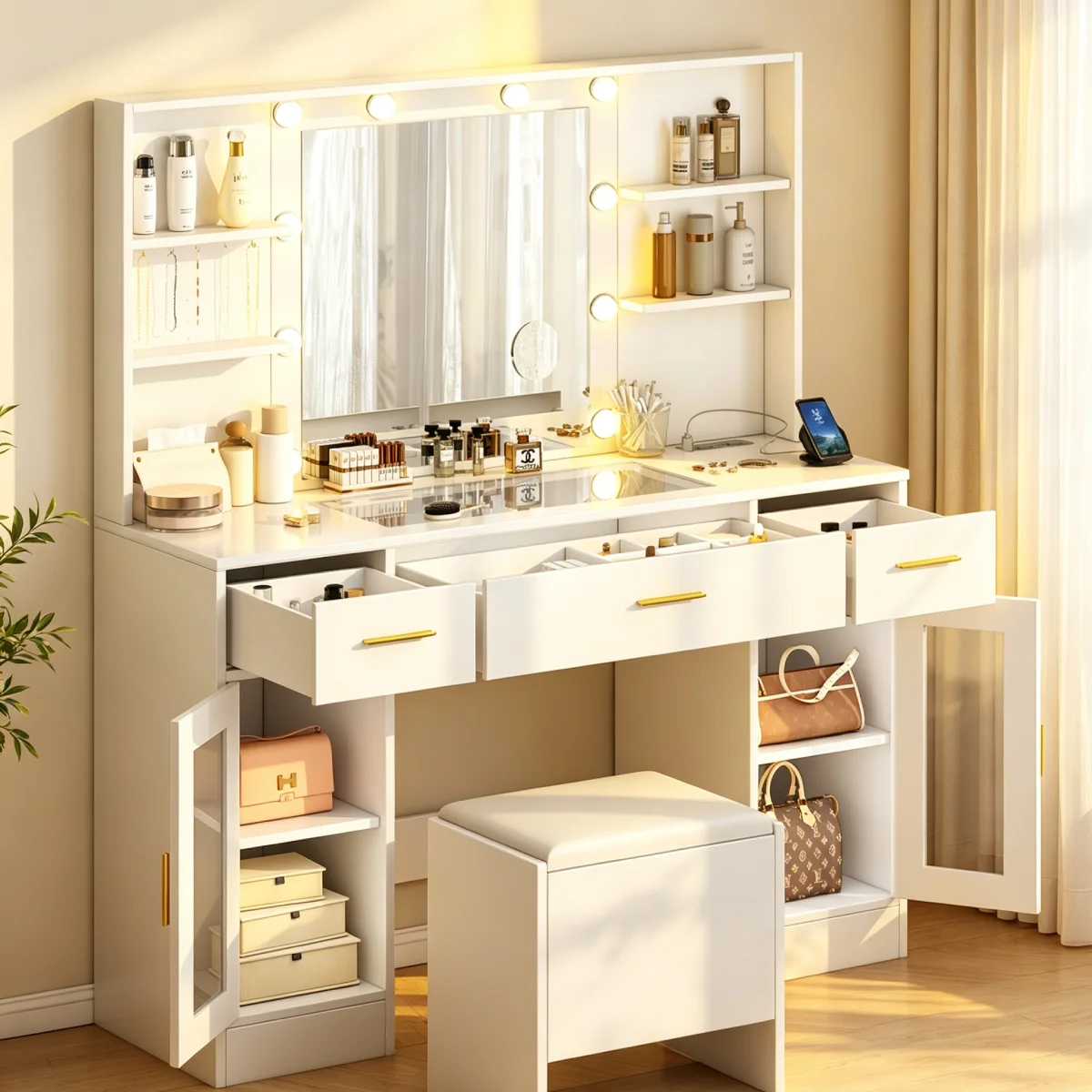 Mihtrov Grande coiffeuse de maquillage avec miroir, tiroir et étagères multi-niveaux, en acrylique transparent, avec miroir LED réglable, pour chambre et salon