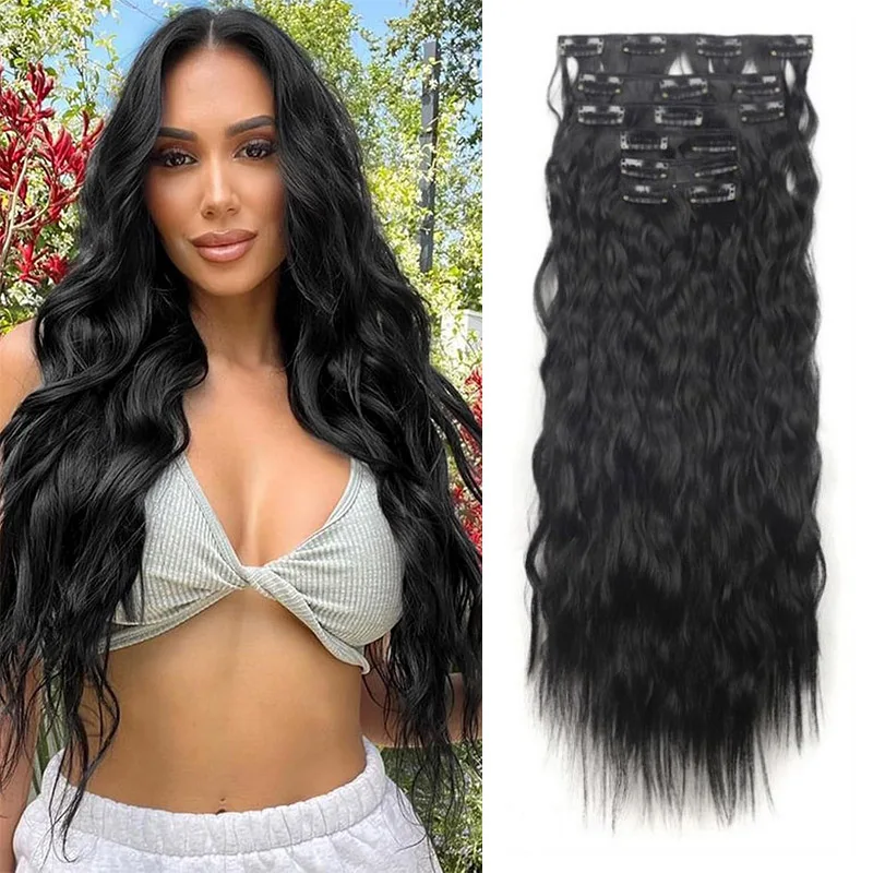 Clip In Synthetic Hair Extension Long Wavy Clip Ins Extension 22 Inch Black 6PCS Thick Hairpieces Synthetic Fiber Hair For Women