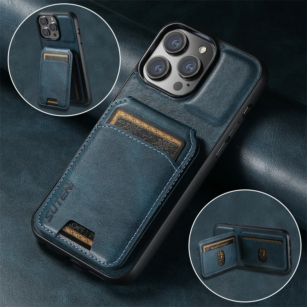 SUTENI Luxe Lederen Kaarthouder Telefoon Case Portemonnee Kickstand Cover Voor iPhone 17 16 15 14 13 12 11 Pro Plus X Xs XR - afbeelding 2