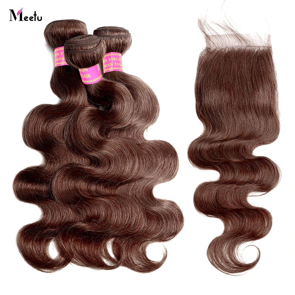 4# Brown Bundles With Closure Body Wave Bundles With 4x4 Transparent Lace Closure Chocolate Colored Brazilian Hair Extensions