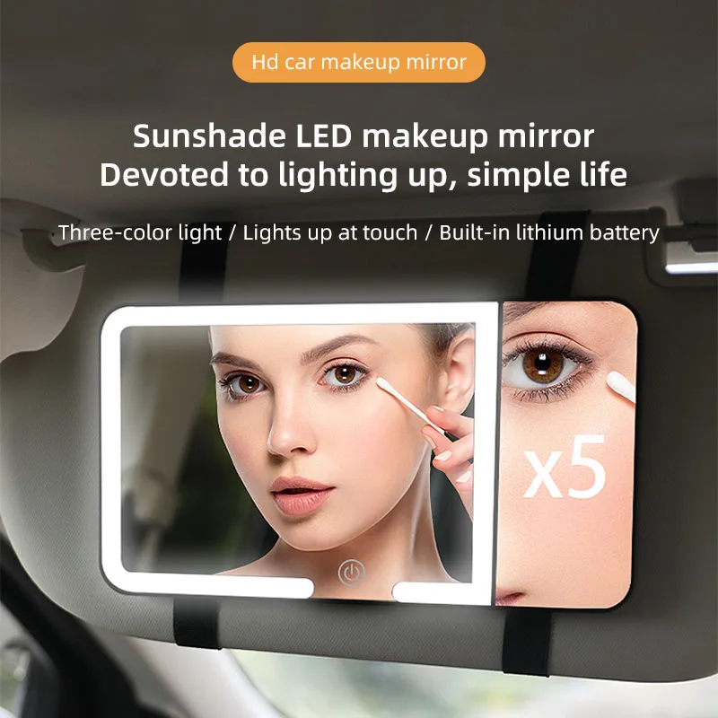 

Rechargeable car vanity mirror with LED light, suitable for all vehicles, 5x magnification, visor-mounted.