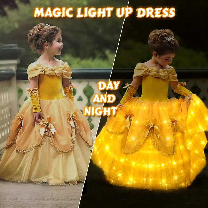 Uporpor Princess Belle LED Light Up Dress for Girl Kids Ball Gown Child Cosplay Bella Beauty and The Beast Costume Fancy Party