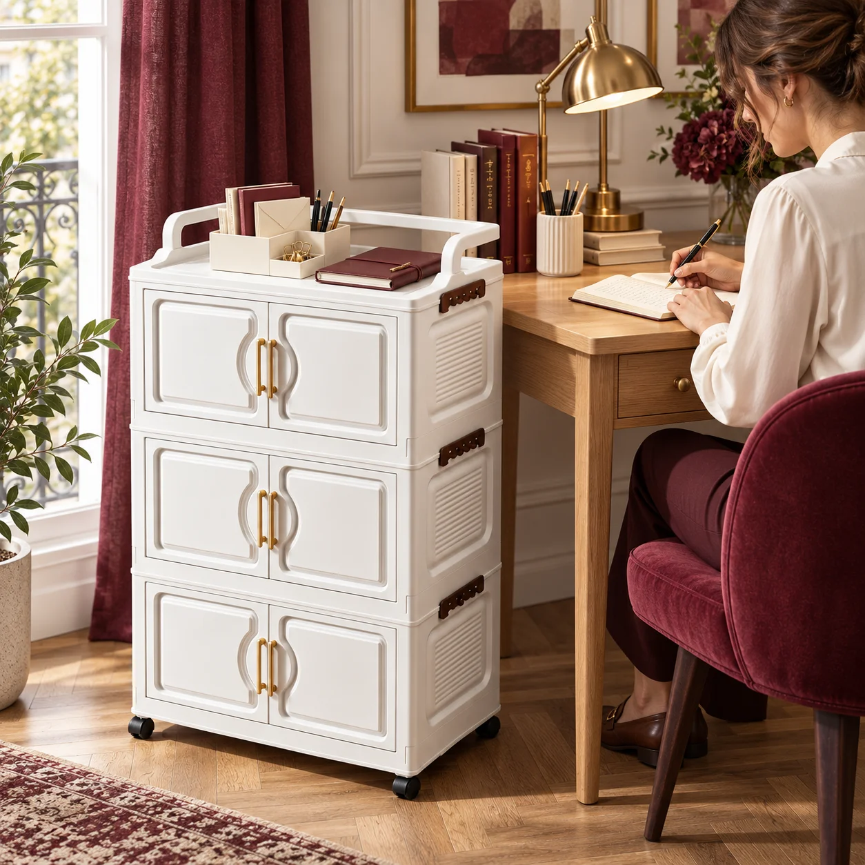 3/4/5-Tier Rolling Storage Cabinet with Double Doors, Modular Mobile Organizer with Top Tray, Multipurpose Storage Unit for Home Office, Bedroom, Living Room and Craft Supplies
